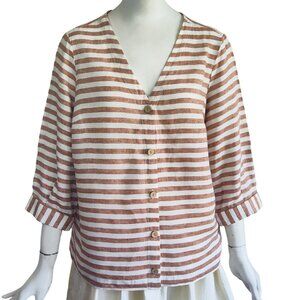 RACHEL ZOE Coastal Boxy Stripe Linen Cuffed 3/4 Sleeve Button Front Top Sz S